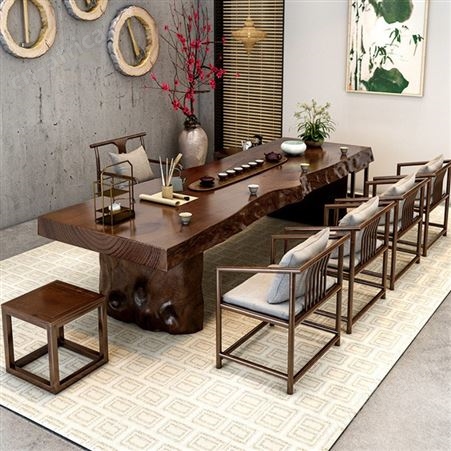 江苏现代简约新中式茶桌椅组合 功夫禅意大板整板原木茶几茶台实木茶桌